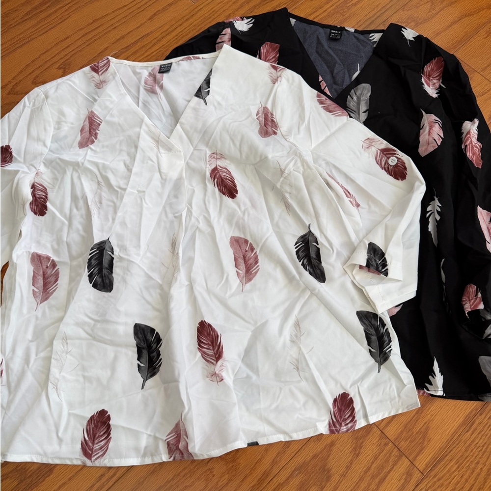 SHEIN Feather Print Blouses - Black and White Lot of 2 Shirts Large L